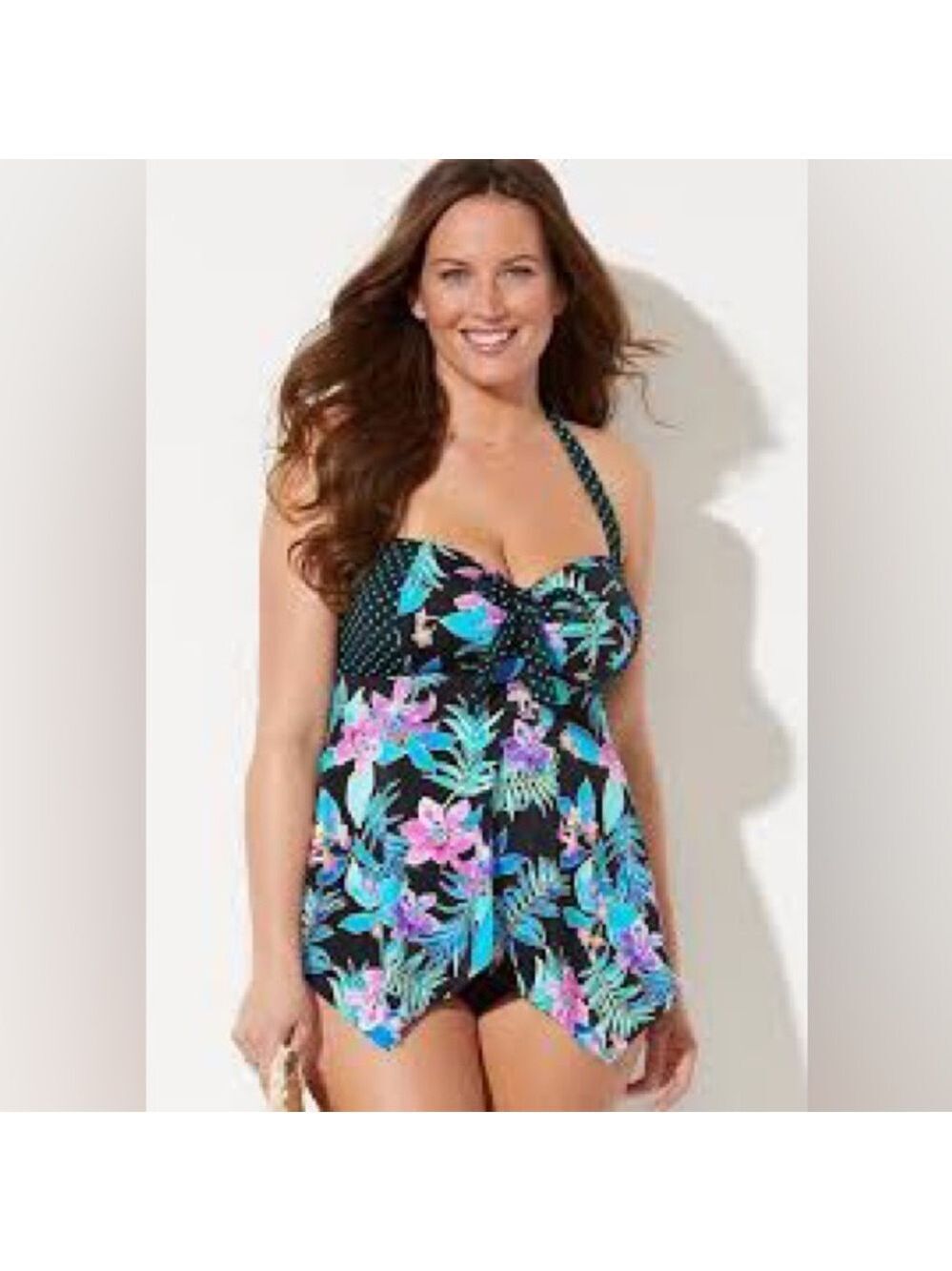 Black Floral Halter Swim Top with Teal Polka Dot Accents Sz 22
